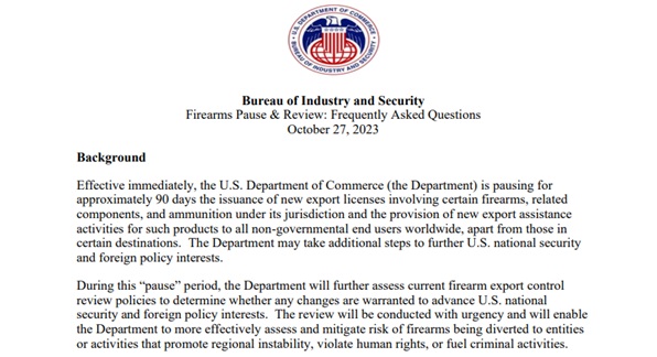 Excerpt of the Bureau of Industry and Security's announcement of a 90-day pause in the export of commercial firearms.