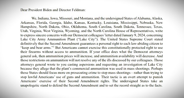 Letter from attorneys general to President Biden, urging his administration to keep a manor commercial ammunition manufacturing plant open.