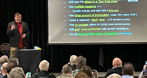 Active-shooter expert Ed Monk speaks during a Buckeye Firearms Association seminar March 23 at the Makoy Center in Hilliard.